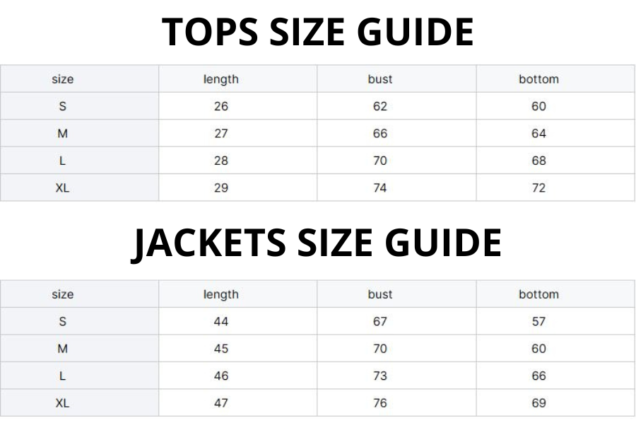 Size guides for tops and jackets on a white background