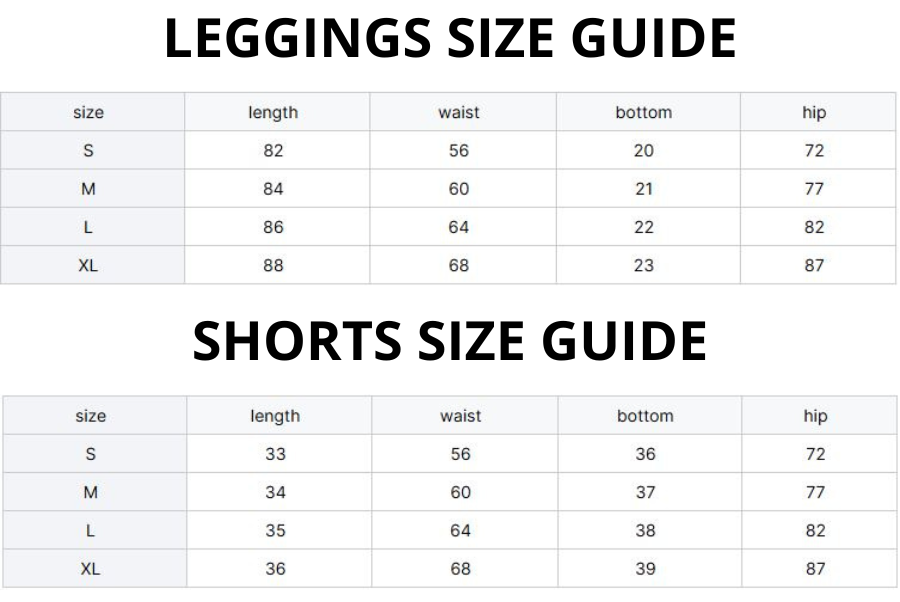 Size guides for leggings, and shorts on a white background